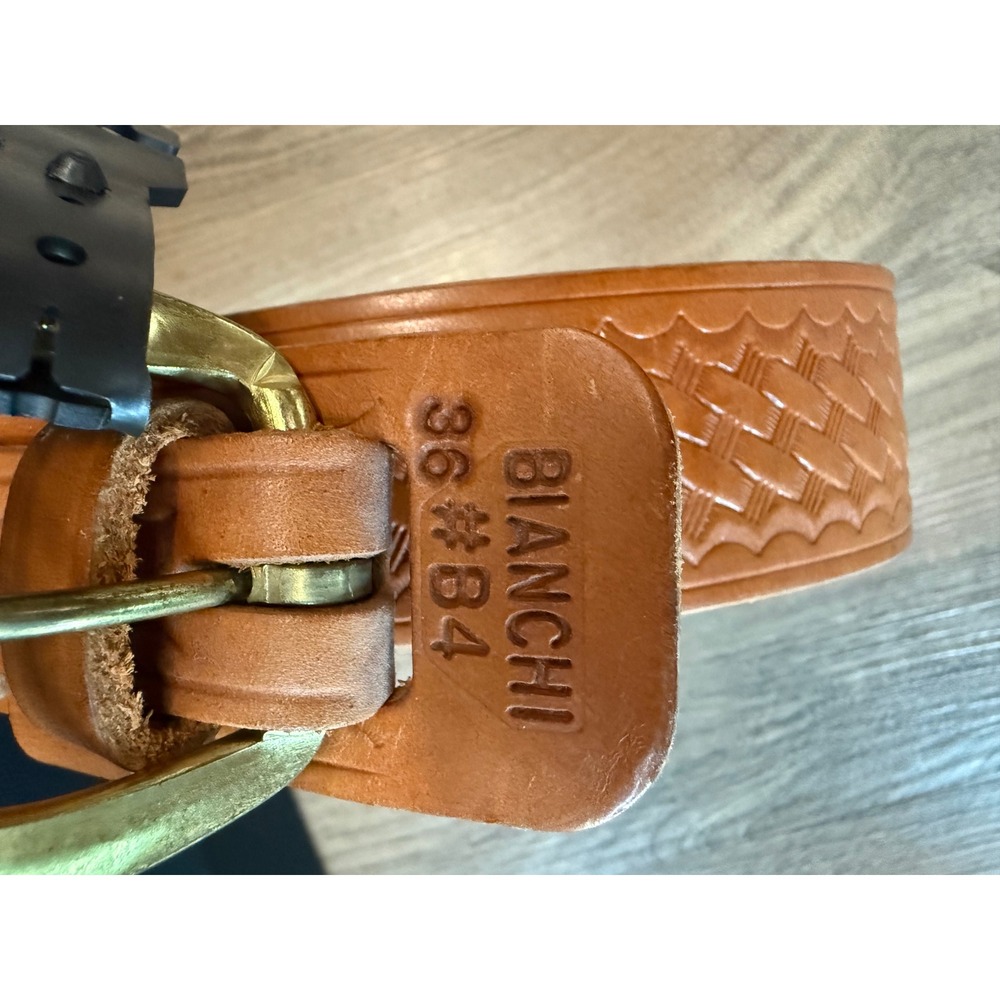 Bianchi B4 Rangler Tan Basketweave Leather Belt Solid Brass Buckle Size 36 Mens - Picture 5 of 13